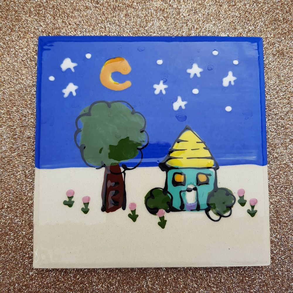 Robin Sterling Art Tile Signed Ceramic  Studio Pottery Night Moon 4.25" Square